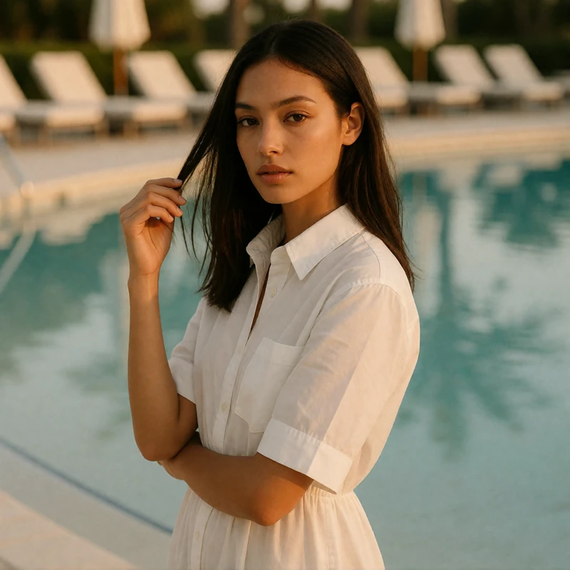 Woman with straight dark hair standing beside a resort pool deck in Central Florida