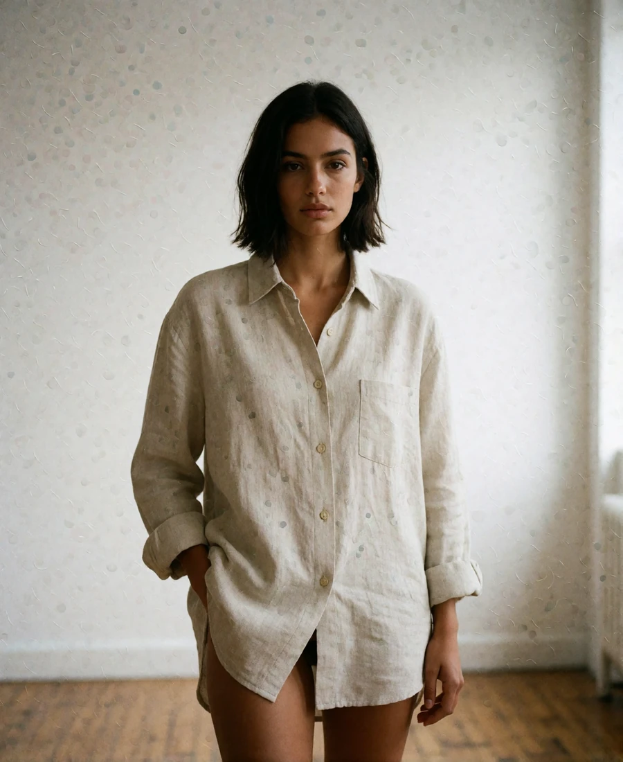 Woman with a dark jaw-length bob in an oatmeal linen shirt standing in a bright Portland studio space