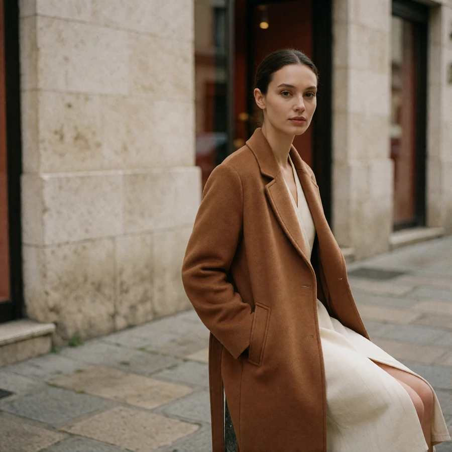 Woman in a camel wool coat on a quiet Indianapolis sidewalk, an illustrative member profile photo