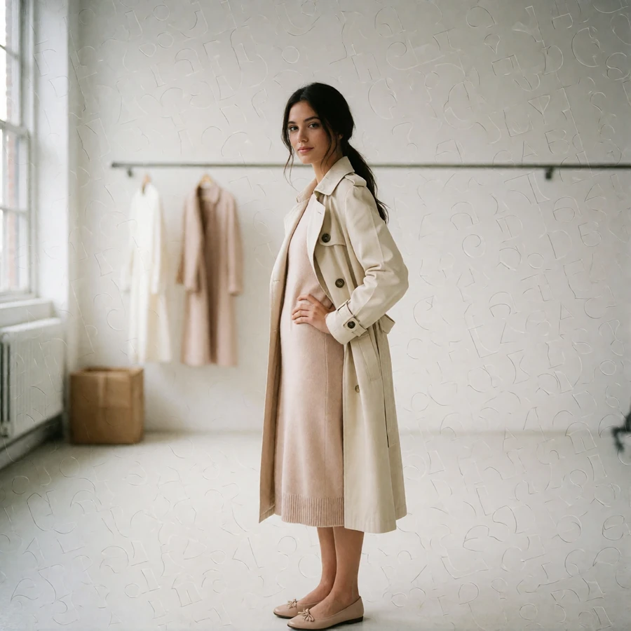 Young woman in a blush knit dress holding a cream trench coat in a bright minimal atelier