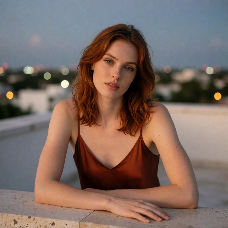 Woman with auburn hair on a rooftop lounge at blue hour in a Florida city