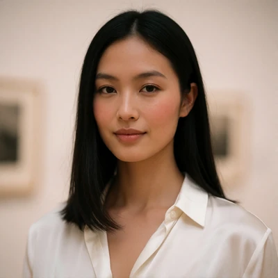 Portrait of a composed young woman with straight black hair against a pale gallery wall