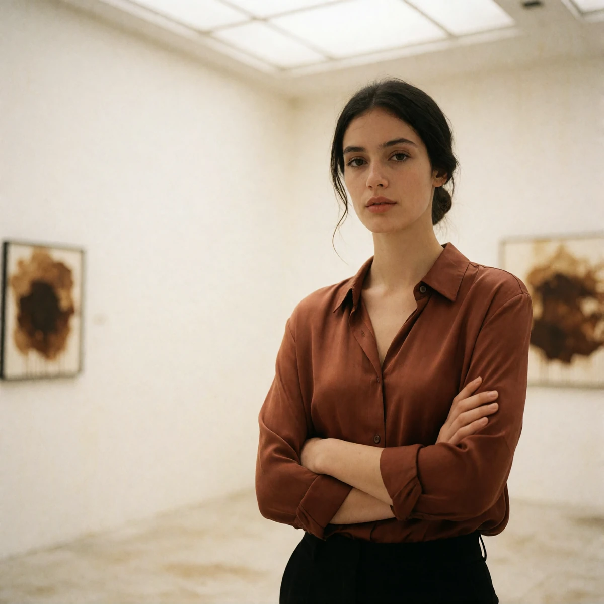 Woman in a burnt sienna silk shirt standing in a spare white-walled gallery space