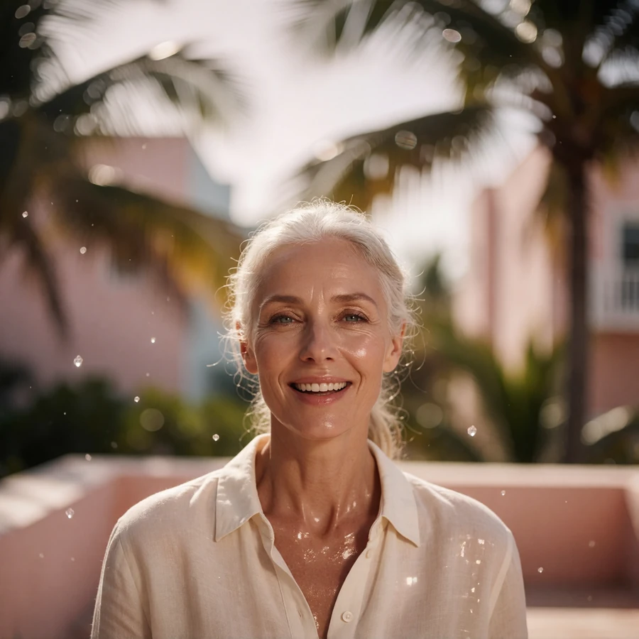Striking silver-blonde woman in her early fifties on a shaded South Beach terrace