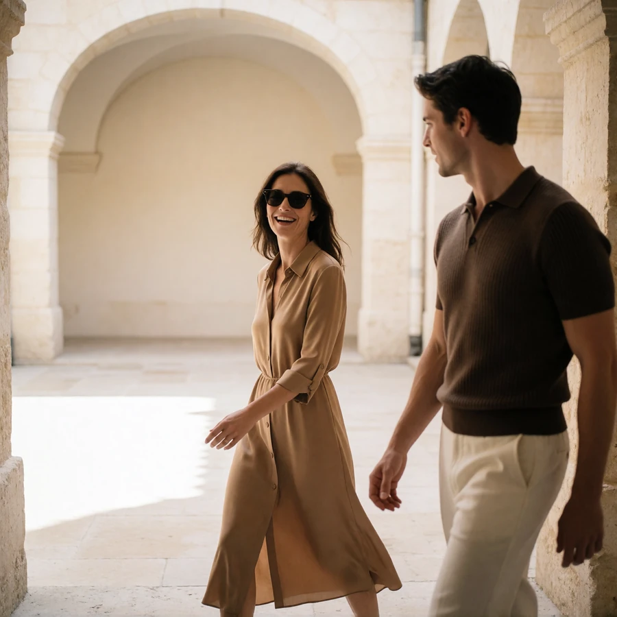 Stylish woman in a tan silk dress walking through a sunlit stone courtyard with a younger man