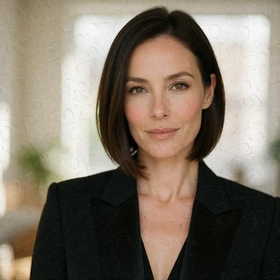 Portrait of a confident woman in her early forties with a sleek dark bob in a black blazer