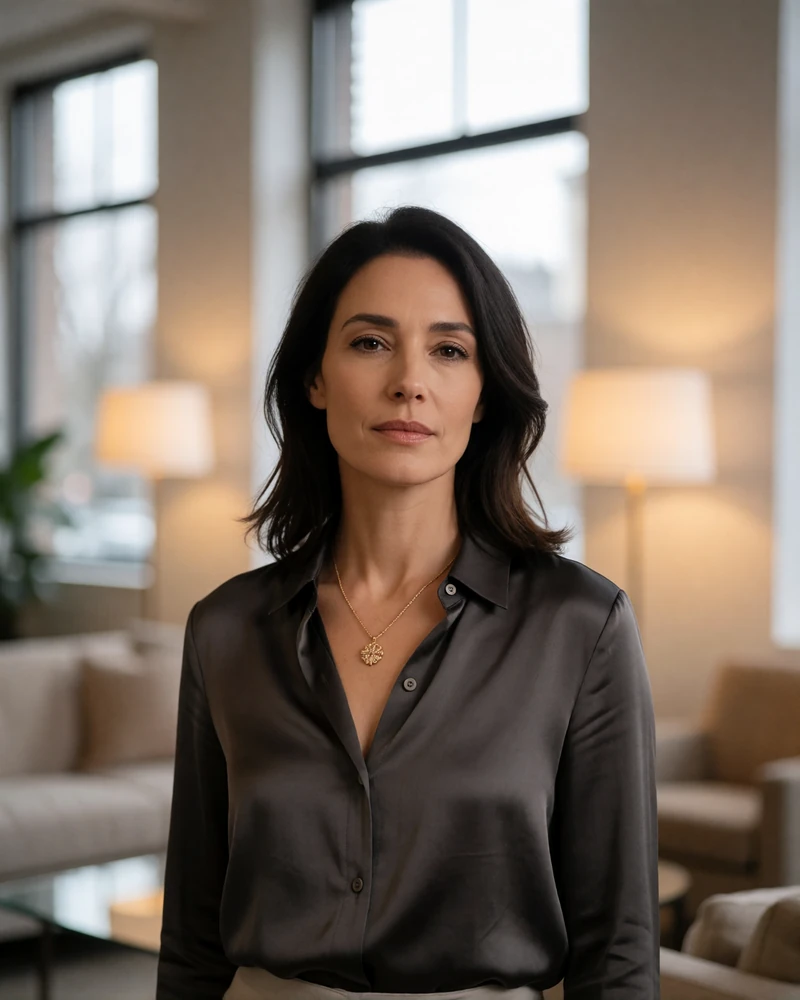 Confident woman in her early forties in a charcoal silk blouse standing in a softly blurred contemporary office lounge