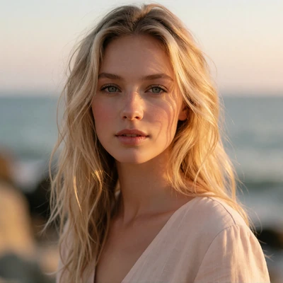 Portrait of a radiant young woman with sun-lit blonde hair against a coastal horizon at golden hour