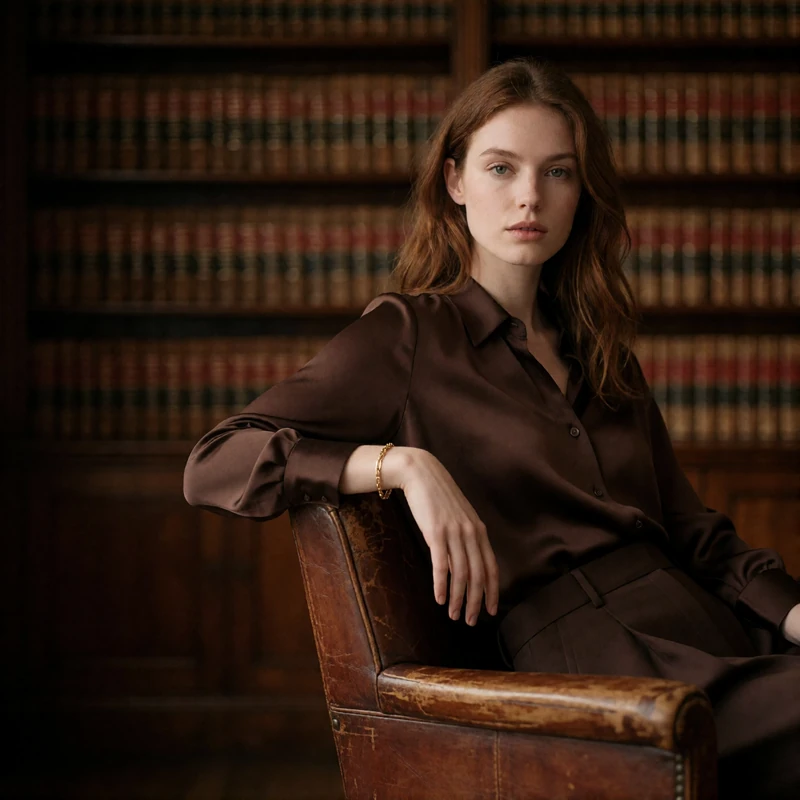 Auburn-haired woman in a chocolate silk blouse seated in a private members library lounge