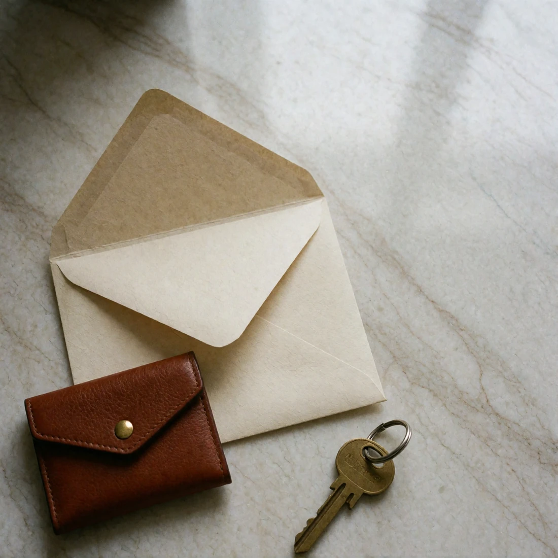 Unmarked cream envelope, closed espresso leather cardholder and a small brass key resting on pale marble