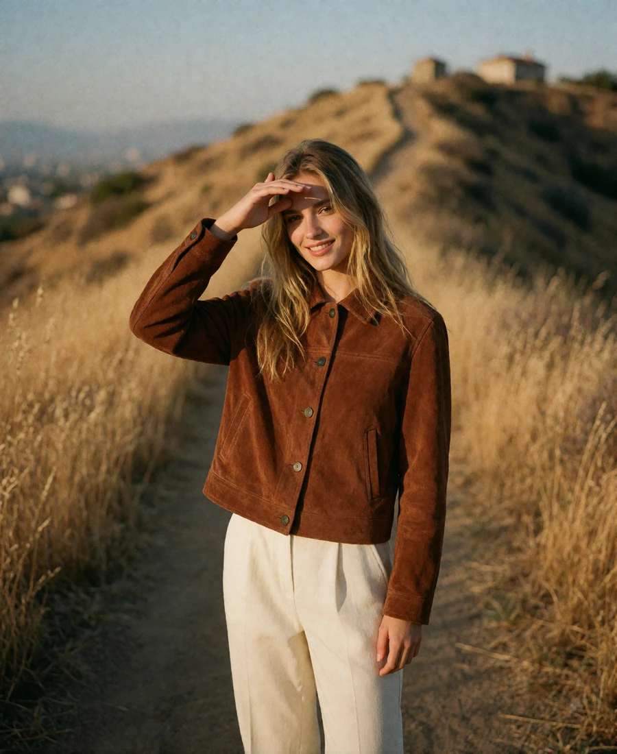 Young woman in a burnt-sienna suede jacket on a foothills trail near Denver at golden hour