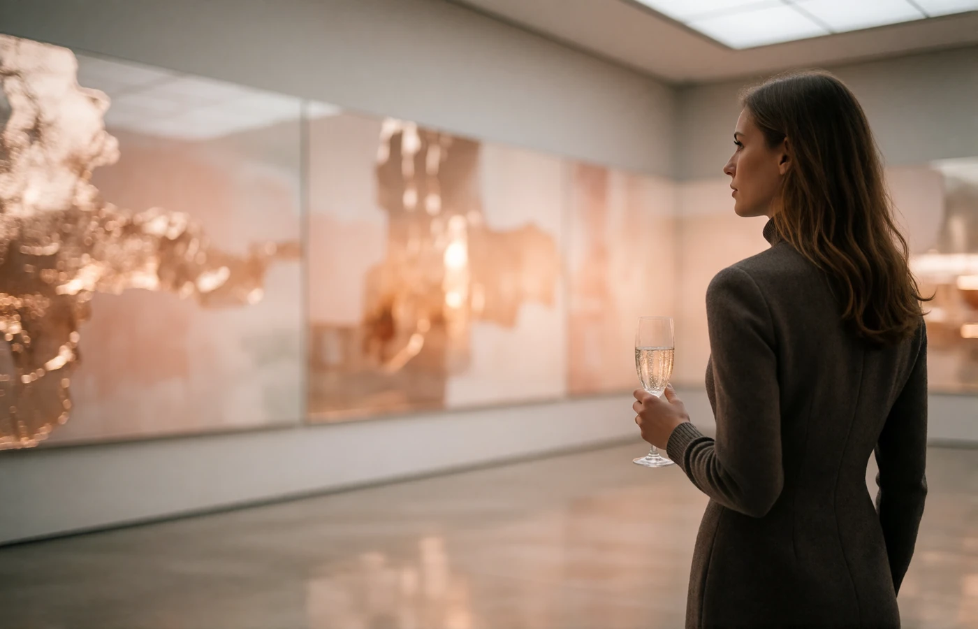 Elegant woman in a charcoal wool dress viewing an abstract art wall in a quiet contemporary Seattle gallery