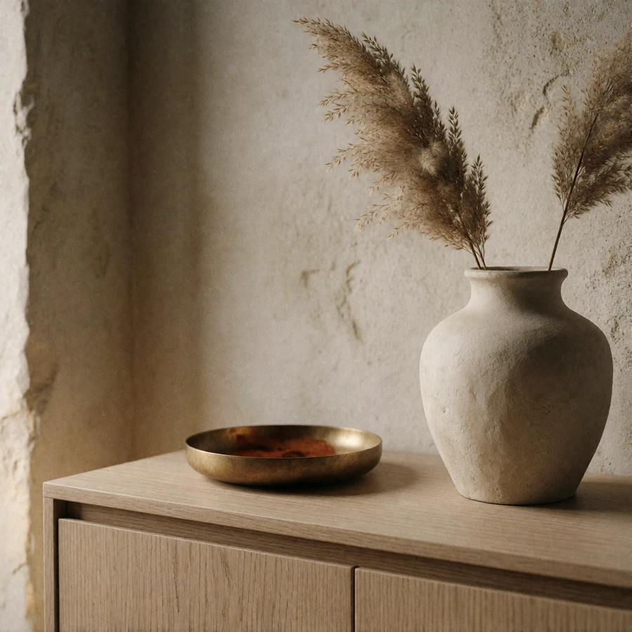 Pale oak console with a stoneware vase of dried stems and a shallow brass dish against warm plaster