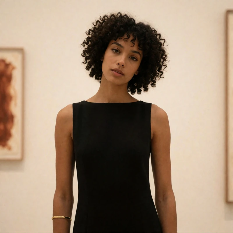 Woman with tight dark curls standing inside a minimal white-walled art gallery