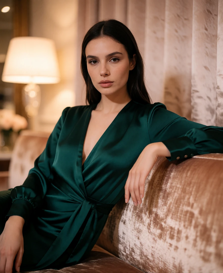 Woman in a deep emerald silk dress seated on a velvet bench in a Dallas designer showroom