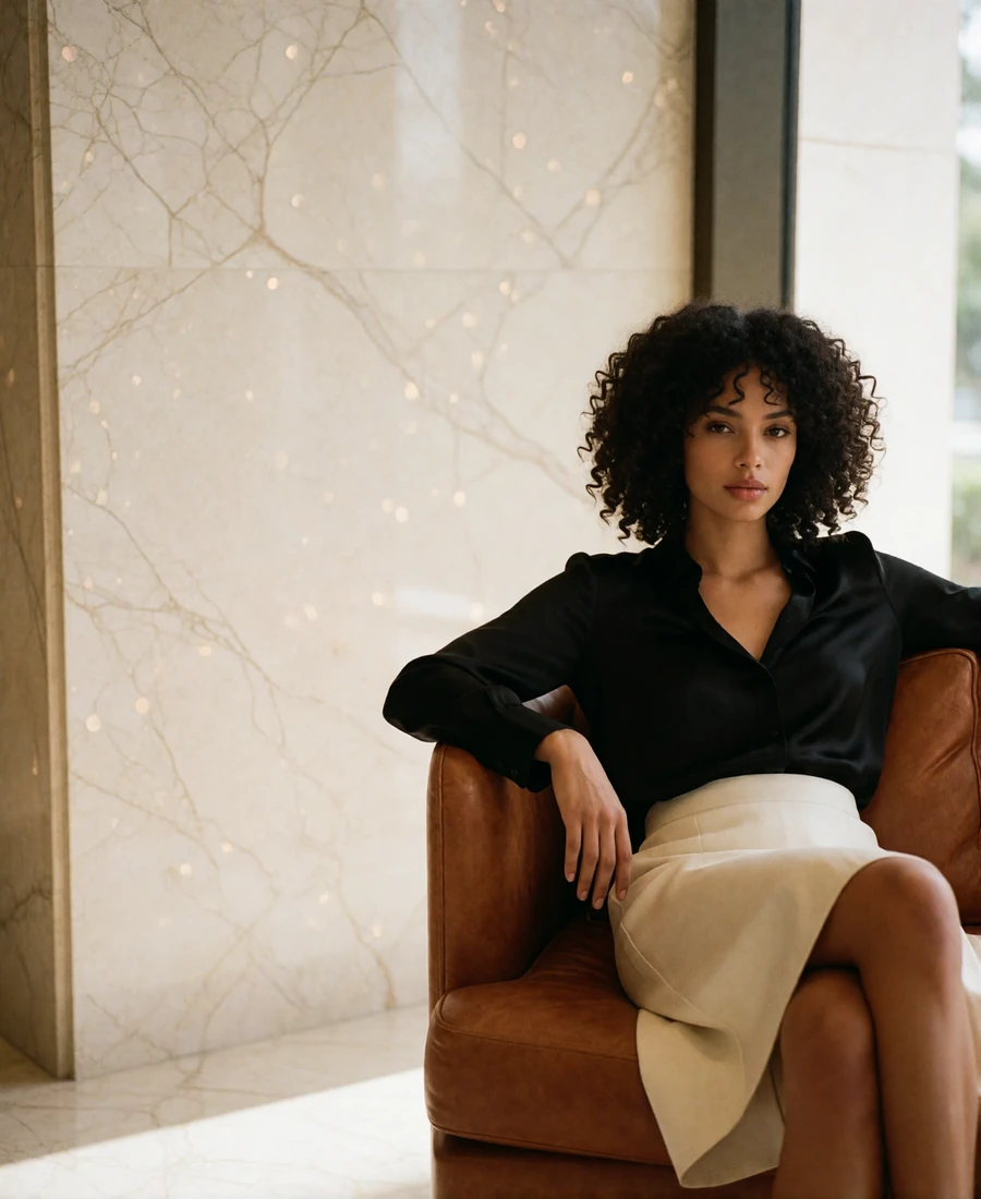 Woman with dark curls seated in a leather armchair in a bright Houston hotel lobby