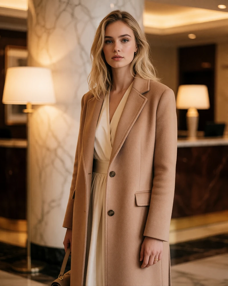 Blonde woman in a camel cashmere coat standing in a warmly lit luxury hotel lobby