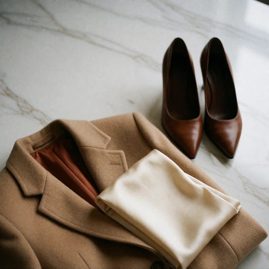 Folded camel wool blazer, cream silk shell and espresso leather pumps arranged on pale marble