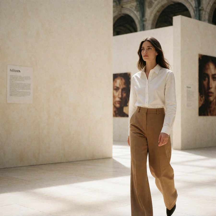 Woman in a white shirt and camel trousers walking through an exhibition hall