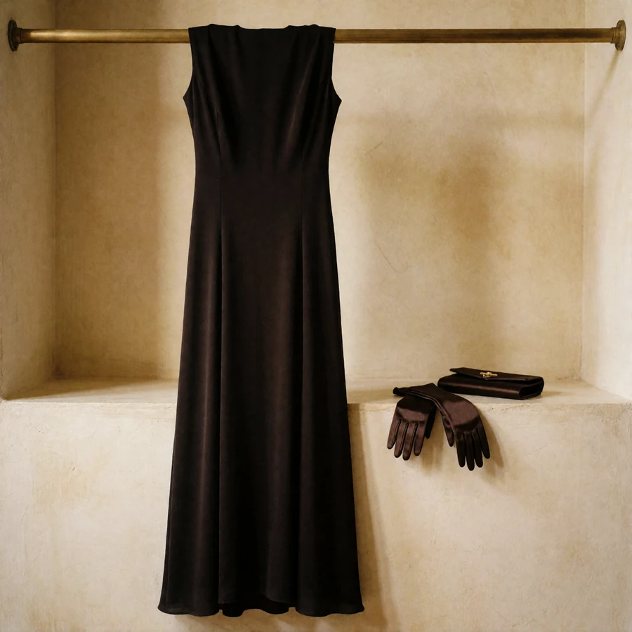 Floor-length black silk-crepe gown hanging beside evening gloves and a small clutch
