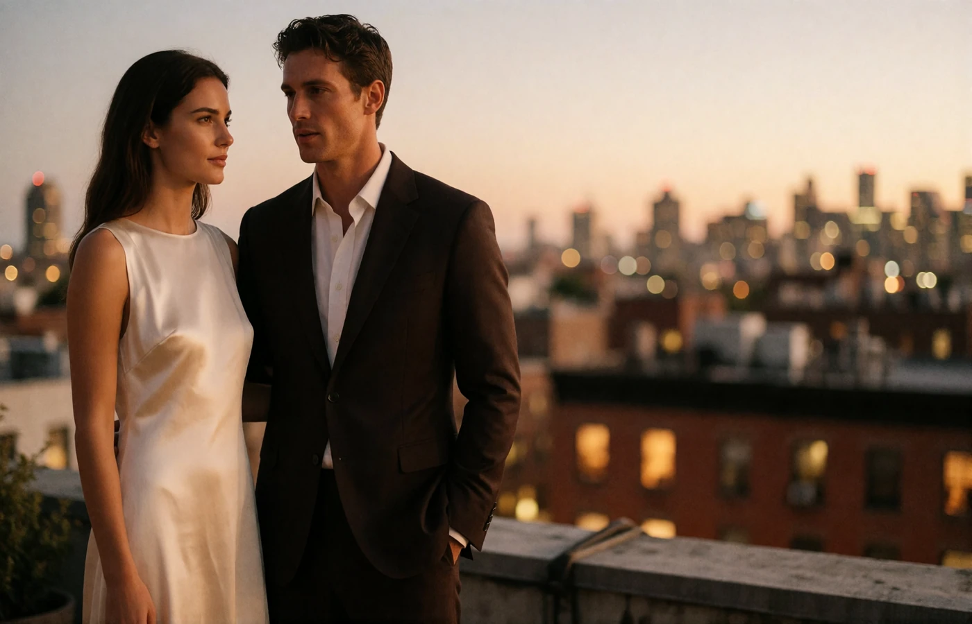 Couple in quiet conversation at a rooftop reception at dusk