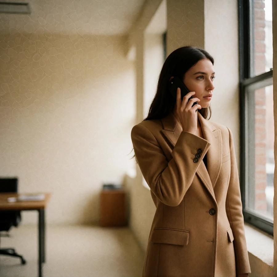 Woman in a tailored camel blazer on a phone call beside a tall office window