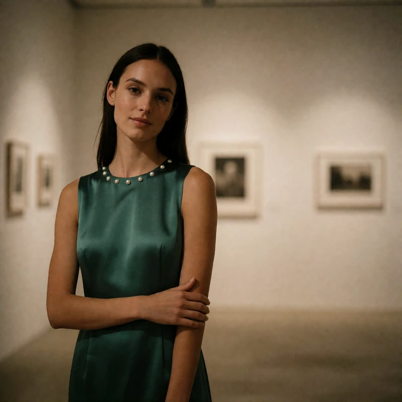 Elegant woman in an emerald satin dress standing in a minimal evening art gallery