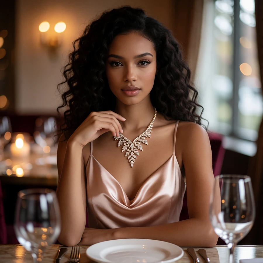 Woman with dark curls in a blush satin top at a candlelit Buckhead restaurant table