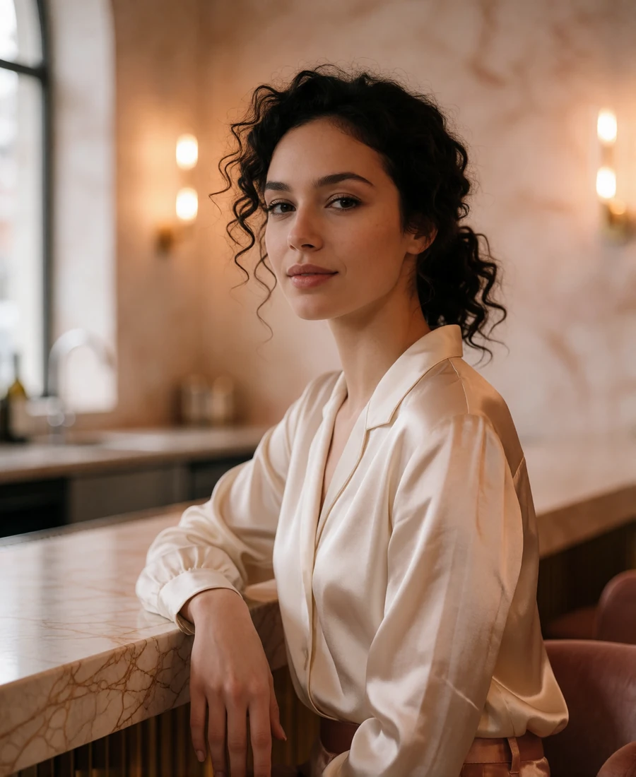 Woman with dark curly hair in an ivory silk blouse seated at a marble bar counter in an Atlanta gallery lounge