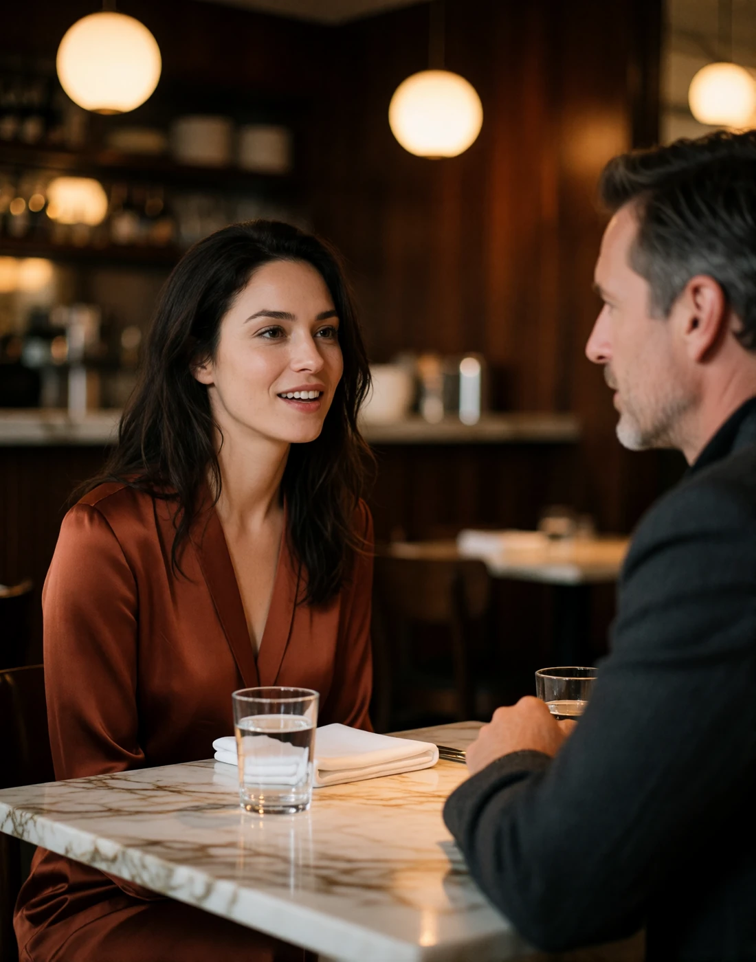 Couple seated across a marble table at an upscale Central Florida restaurant in the evening