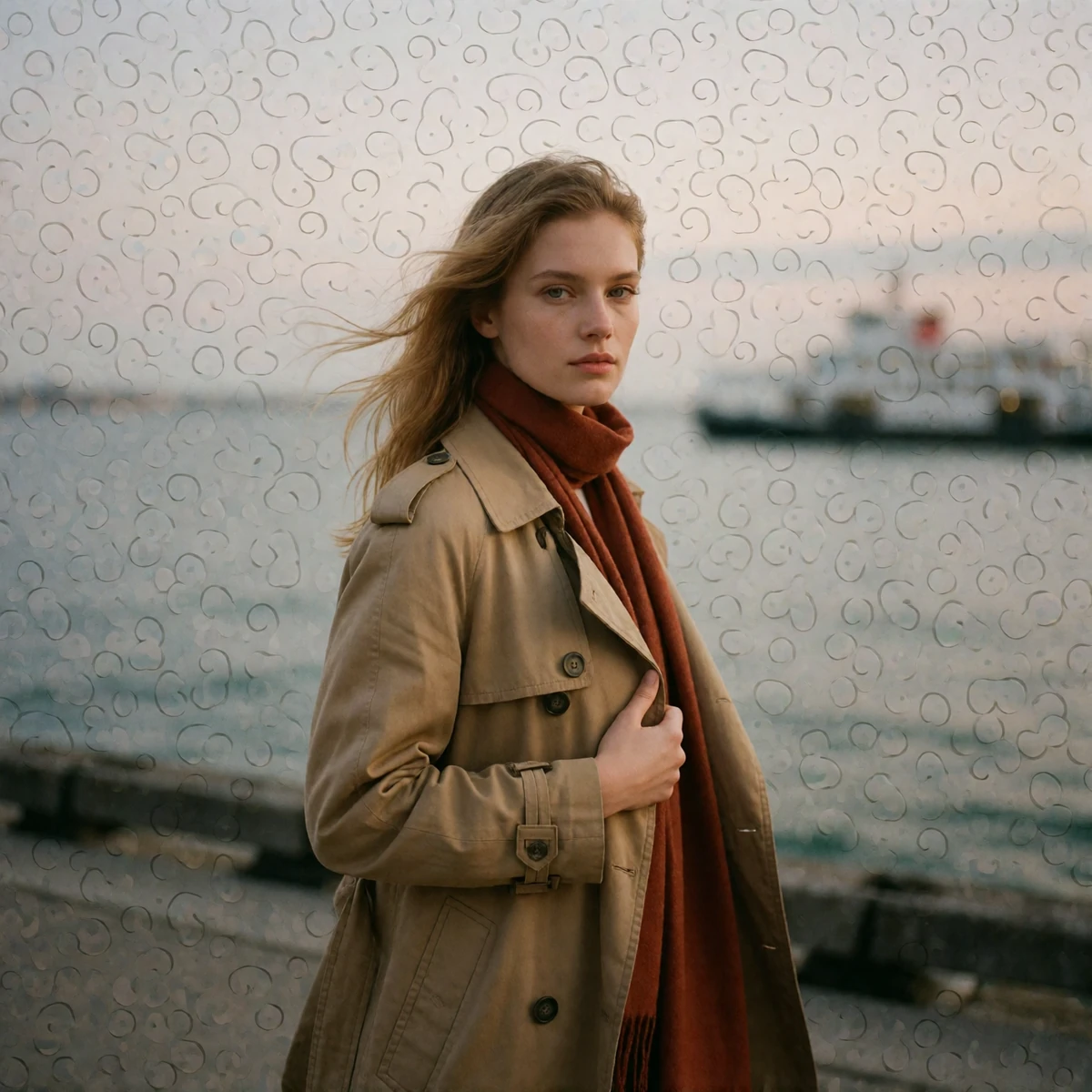 Blonde woman with a burnt sienna scarf standing on a Seattle waterfront boardwalk at dusk