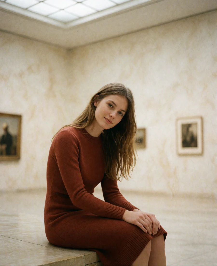 Young woman in a burnt-sienna knit dress seated in a bright empty gallery hall in Chicago