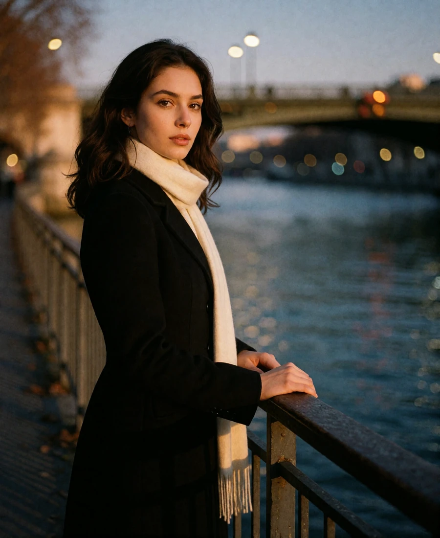 Woman in a black coat and cream scarf standing at a Chicago Riverwalk railing at dusk