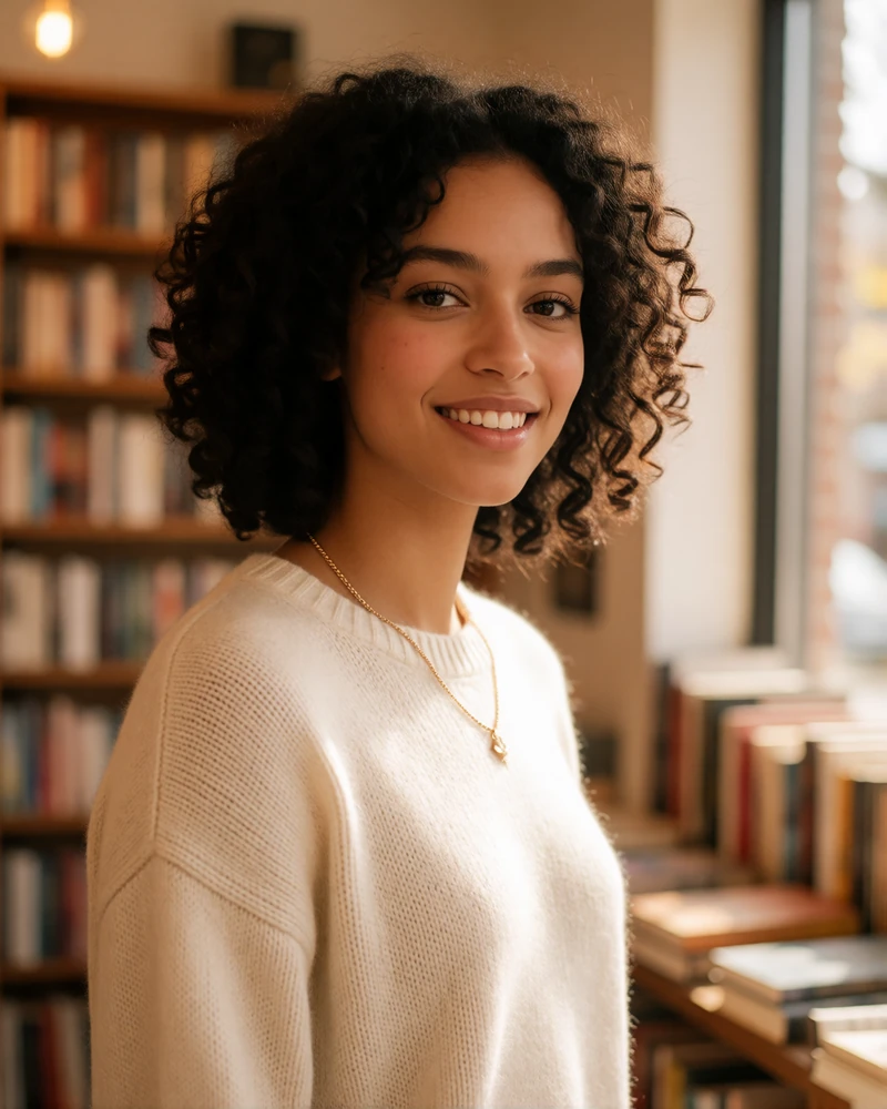 Bright young woman in an ivory knit sweater browsing a warmly lit independent bookshop