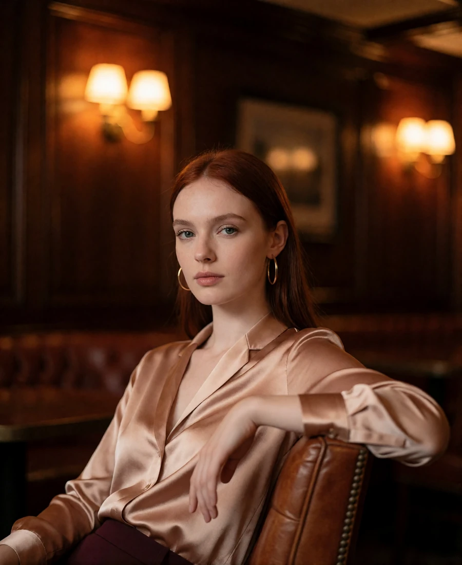 Young woman with auburn hair seated in a leather club chair inside a wood-panelled Chicago lounge