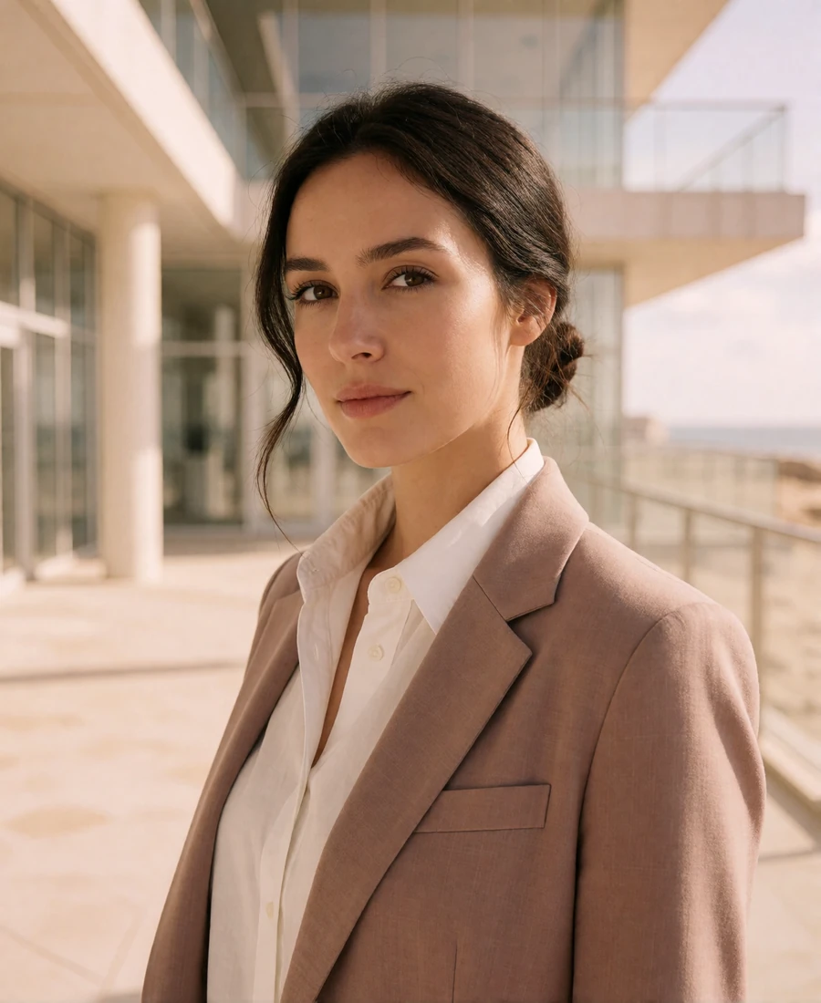 Woman in a white shirt and taupe blazer standing in a sunlit atrium of a coastal research campus in San Diego