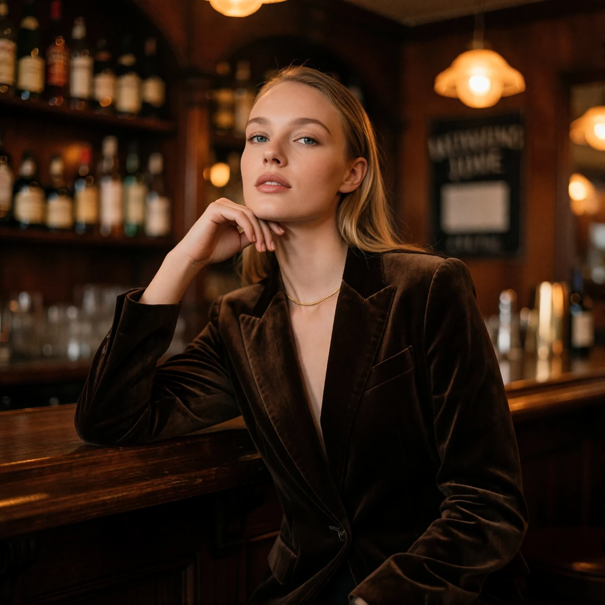 Blonde woman resting an elbow on a dark walnut bar counter in warm evening light