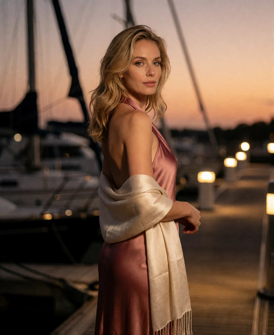 Blonde woman in a silk halter dress on a marina boardwalk with moored yachts at dusk