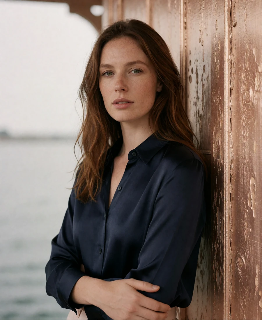 Woman with long chestnut hair in a navy silk shirt standing against a timber wall at a harbourside pavilion