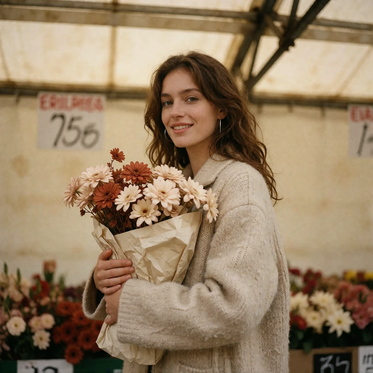 Woman with wavy chestnut hair holding a bundle of flowers under a covered Seattle market awning