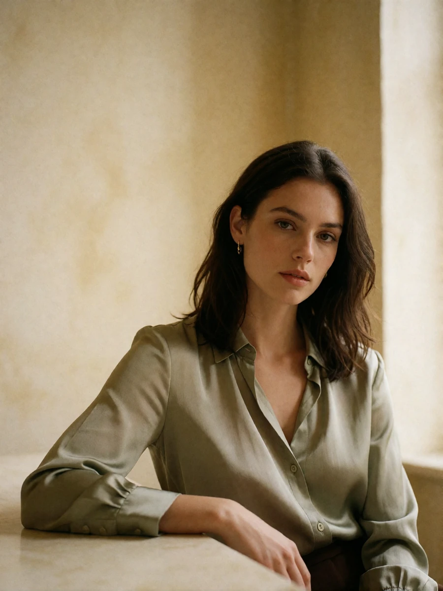 Woman in a sage silk blouse seated by a window, framed from the waist up in soft daylight