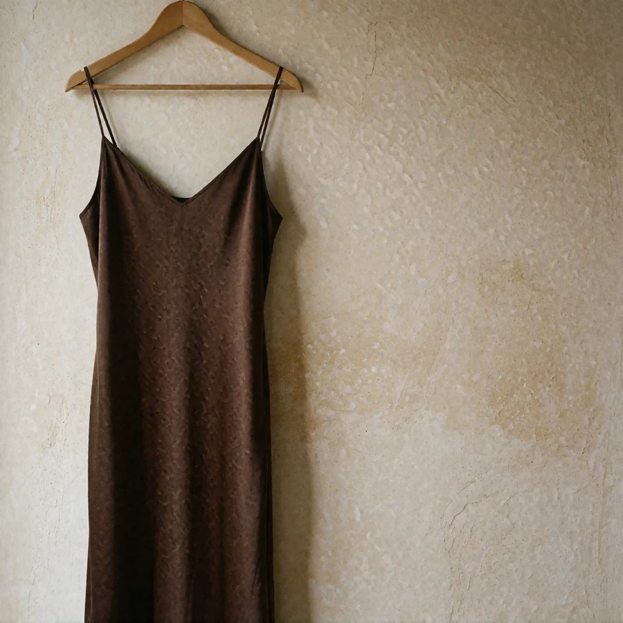 Long unbranded espresso silk slip dress hanging against a warm alabaster plaster wall