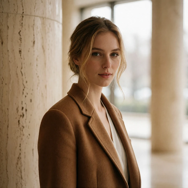 Woman with honey-blonde hair in a low chignon standing in a bright upscale hotel lobby