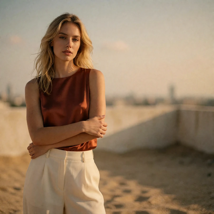 Blonde woman in a terracotta silk top standing on an open Tampa rooftop terrace at golden hour