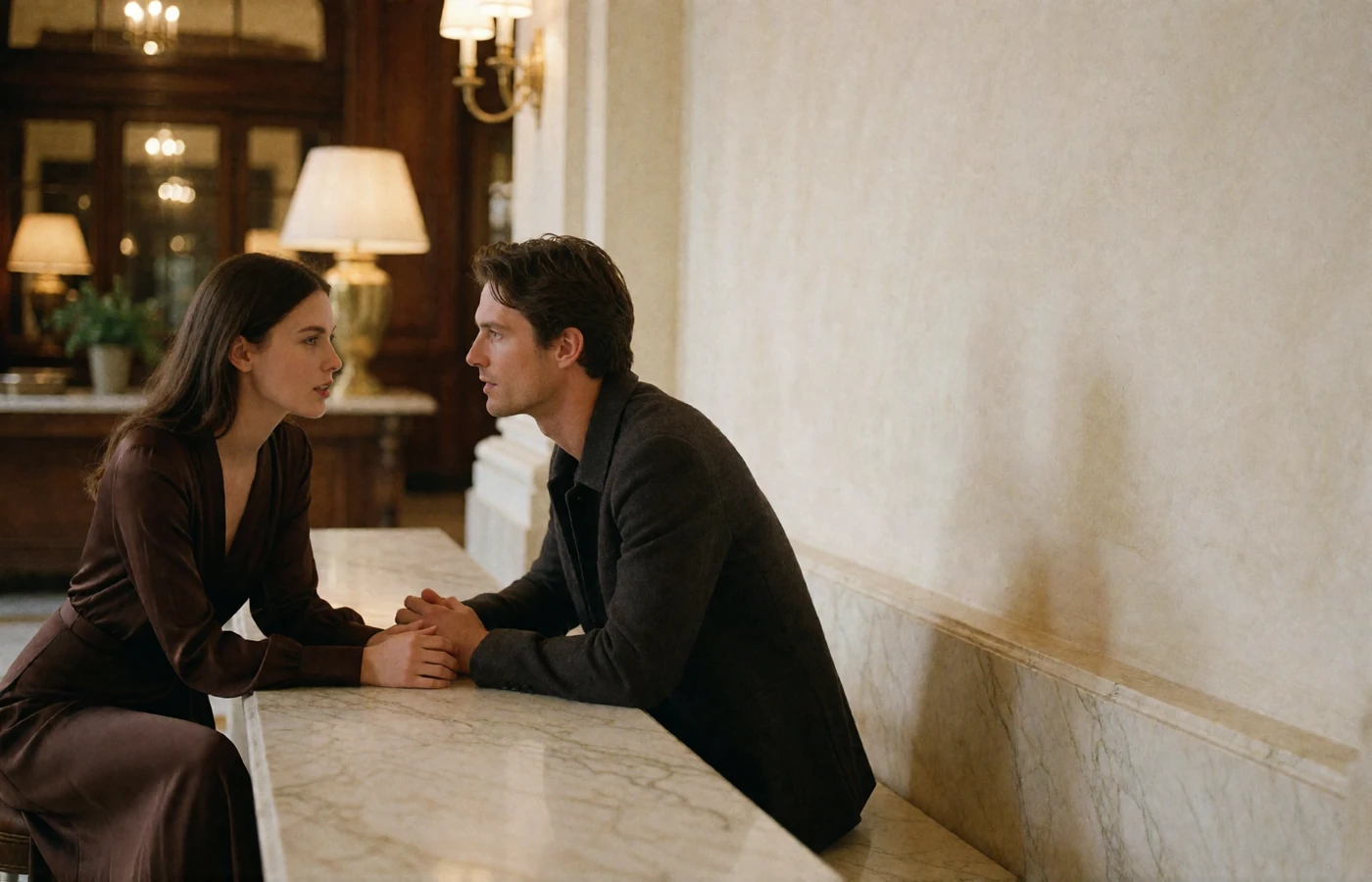 Couple in conversation across a low marble table in a warm hotel lobby
