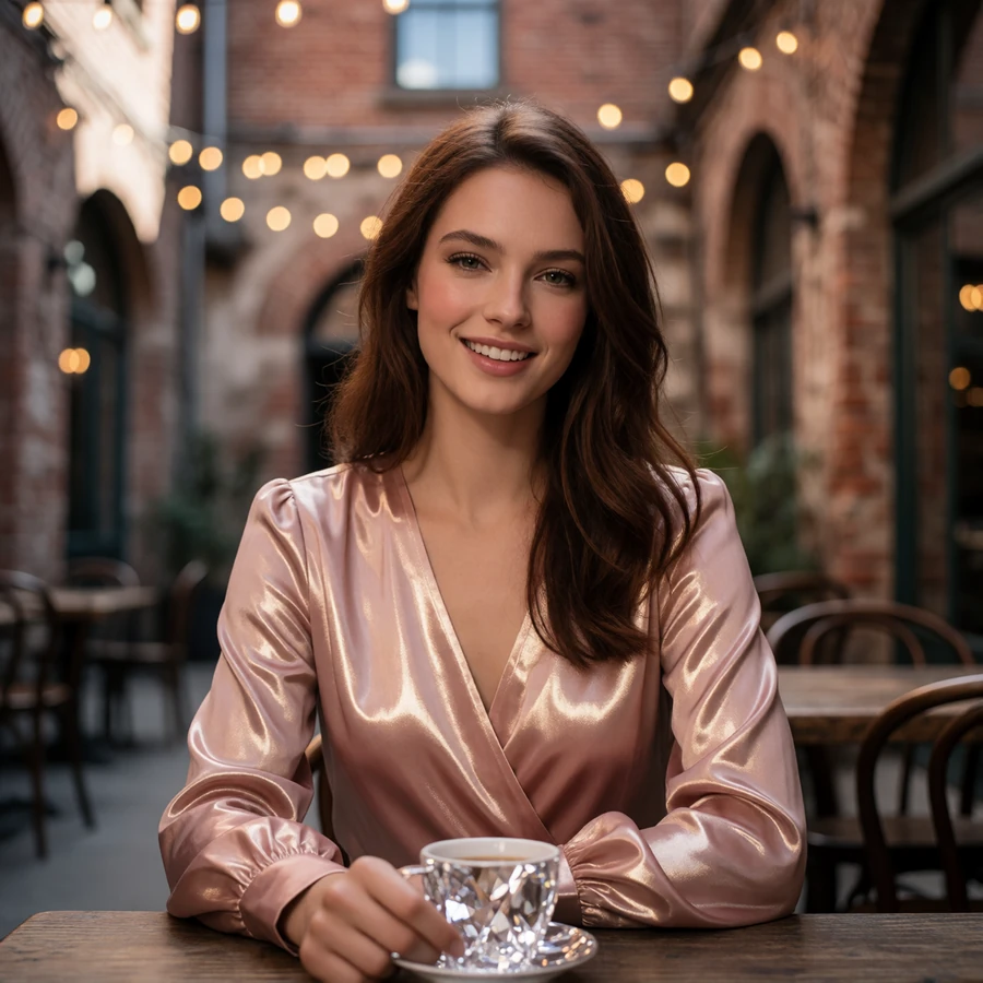 Warm-featured woman in a blush blouse at an outdoor café table in the Pearl District of San Antonio