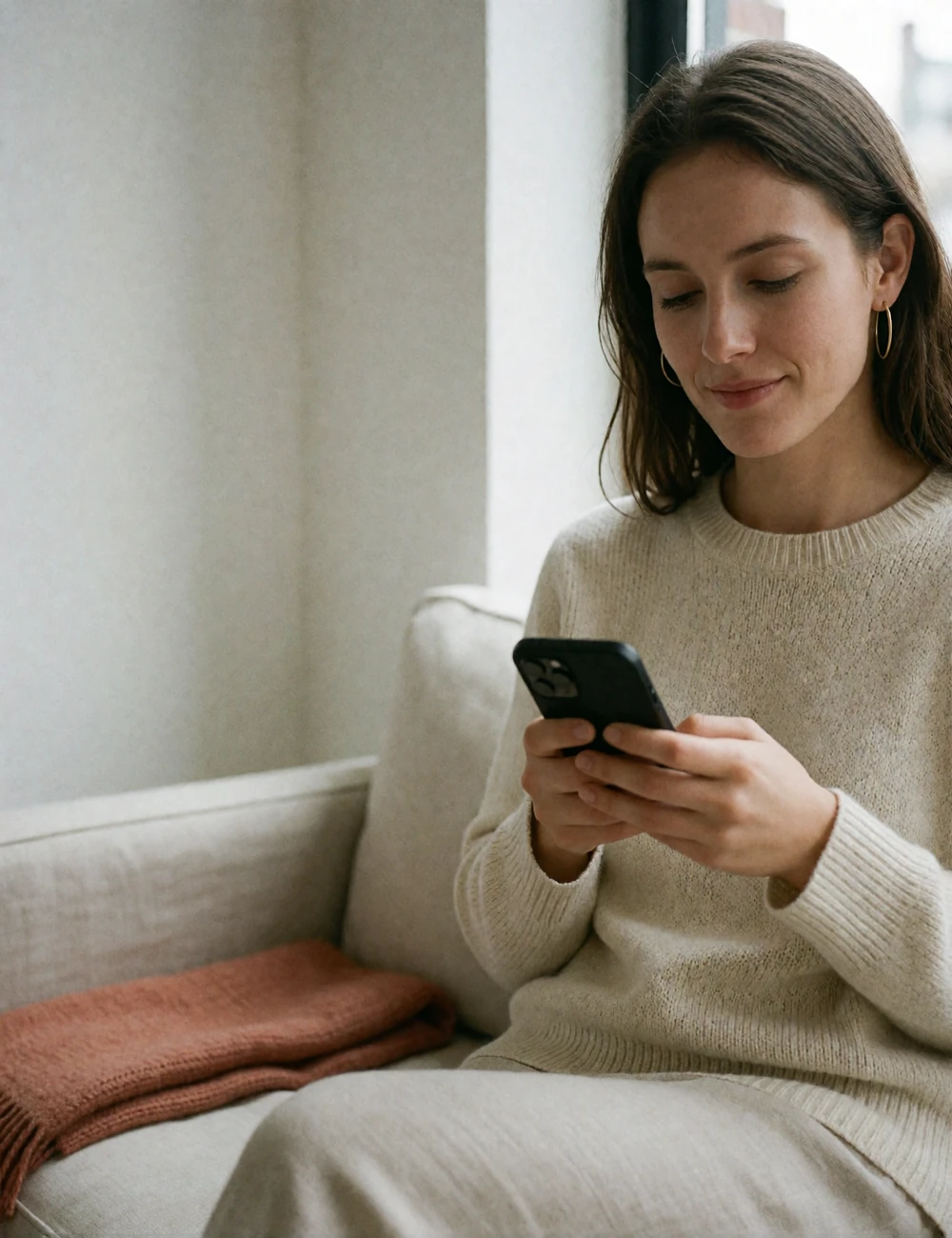 Composed woman seated on a linen window bench holding her phone with a faint amused smile