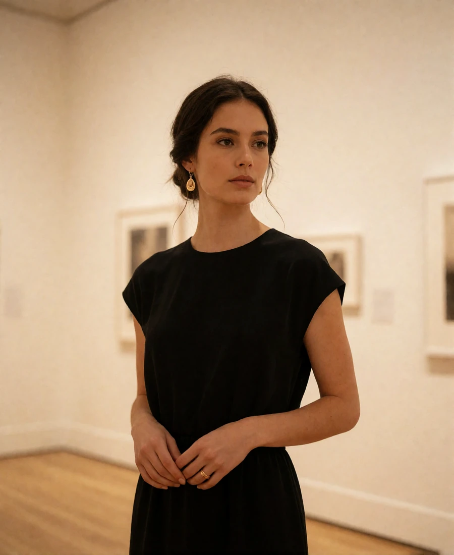 Poised woman with a low chignon standing in a bright uptown Manhattan gallery interior