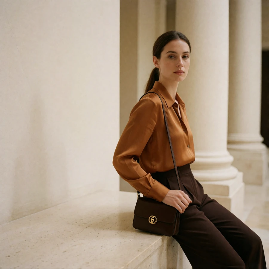 Woman in an ochre silk blouse standing in a bright minimal hotel atrium in Orlando