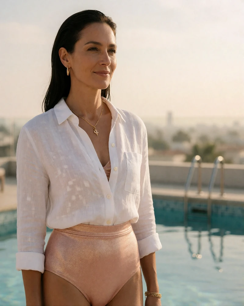 Poised woman in a white linen shirt beside a rooftop pool with a hazy warm sky behind her